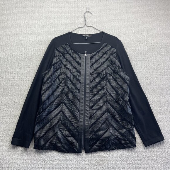 Picadilly Full Zip Jacket Black Moto Textured Mix-Media Women Sz XL Canada Made - Picture 1 of 13